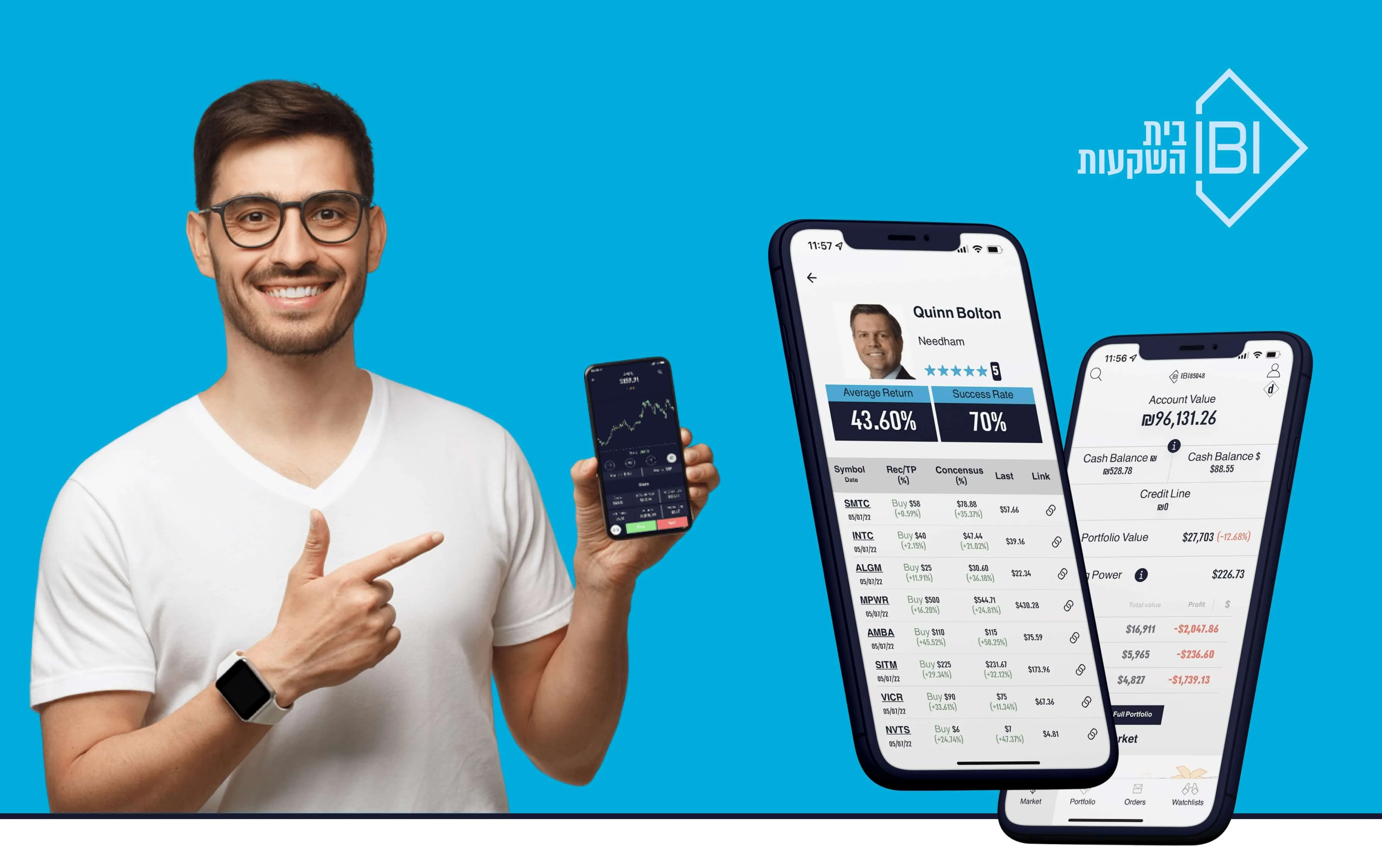 IBI Smart trading app on iPhone — real-time portfolio dashboard with Israeli stock market data