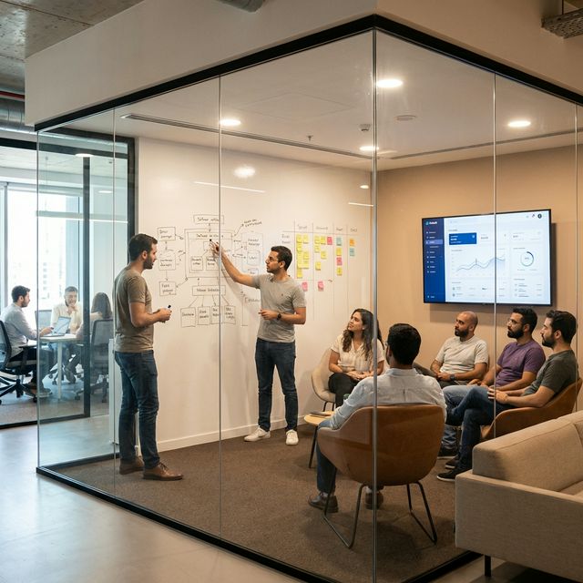 Development team whiteboard session — product and architecture planning during team transfer