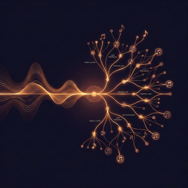 AI music recommendation visualization — sound waves transforming into interconnected nodes