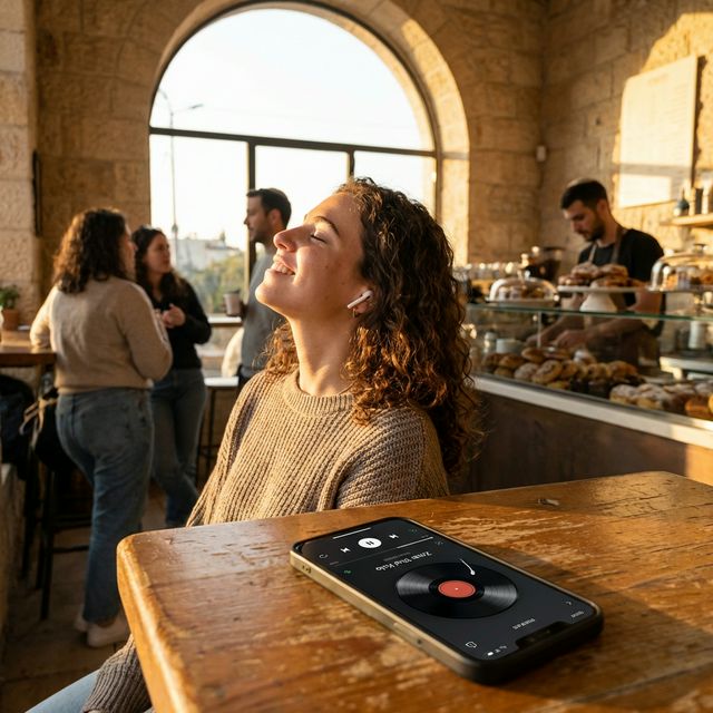 Young woman enjoying Shiri music app in a cozy Israeli café at golden hour