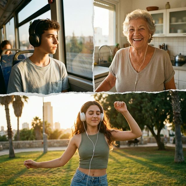 Diverse Israeli people of all ages enjoying music on their phones — connected through Shiri