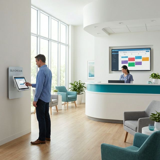 Modern clinic reception with digital self-check-in kiosk and scheduling dashboard