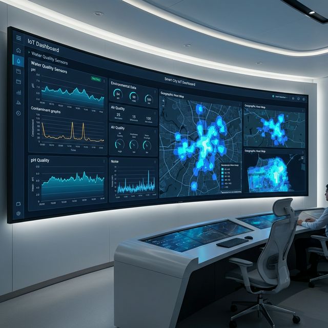 Smart city IoT monitoring dashboard with water quality sensors and geographic heat maps