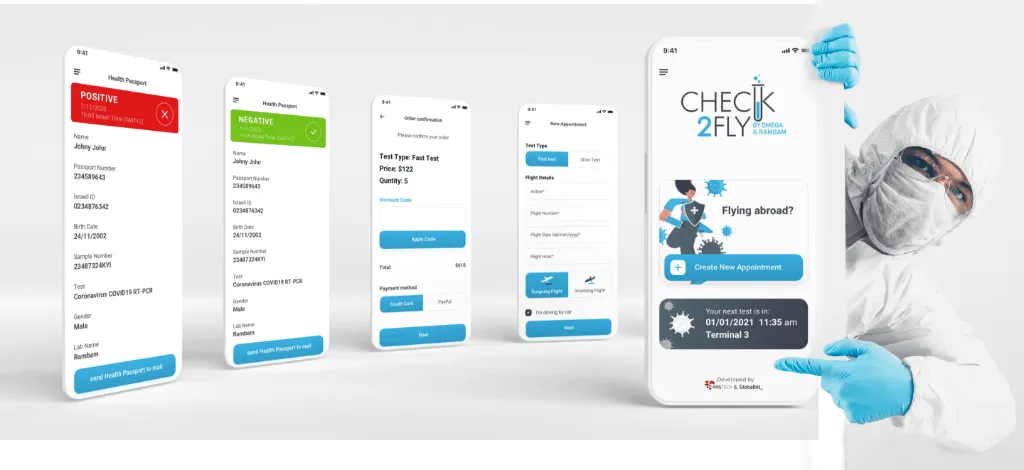 Check2Fly mobile app screens showing health passport, test booking, and appointment scheduling