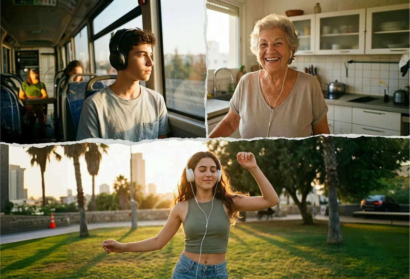 Diverse Israeli people of all ages enjoying music on their phones — connected through Shiri